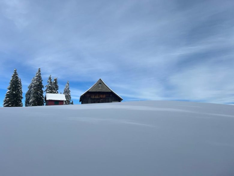 Foto Schneelandschaft mit folgender Bildbeschreibung von Be My AI: Das Bild zeigt eine verschneite Landschaft mit einem klaren blauen Himmel. Im Vordergrund ist eine glatte, unberührte Schneedecke zu sehen. Im Hintergrund stehen zwei Hütten, eine mit einem roten Dach und die andere mit einem dunklen Holzdach, umgeben von einigen hohen Tannenbäumen. Die Szene wirkt ruhig und friedlich.