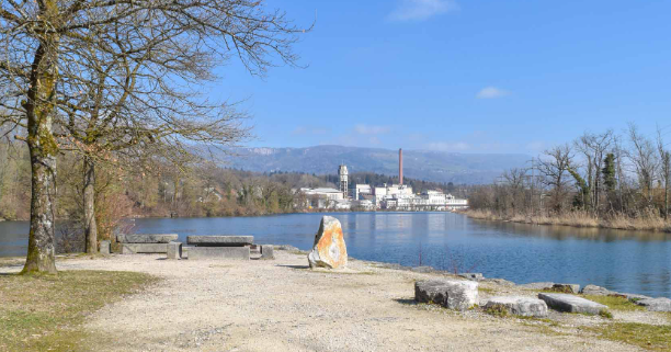 Blick auf den Emmenspitz, der Flussmündung der Emme in die Aare. Im Hintergrund sieht man die Industriegebäude.